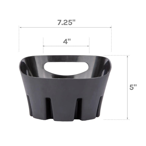 Universal Black Plastic Drip Tray for Toilet Plungers with easy grip handle, dimensions 7.25 x 4 x 5 inches, shown with text overlay.