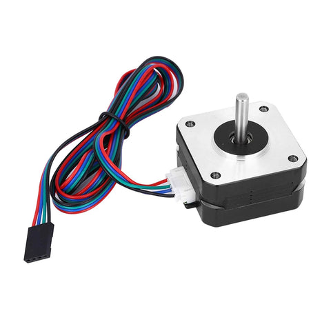 NEMA 17 stepper motor with alloy housing, exposed shaft, and 4-wire cable