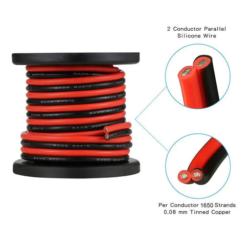 8 Gauge 2 Conductor Parallel Silicone Wire Red Black Ultra Flexible Extension Cable For LED Strip 20 Ft Spool Tinned Copper Core