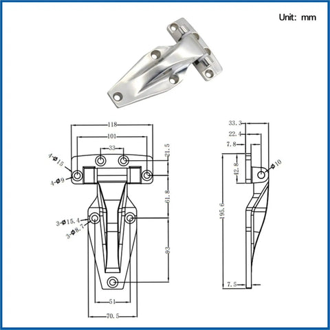 Heavy Duty Refrigerator And Container Door Hinges Crafted From 304 Stainless Steel Workhorse Grade with detailed dimensions and design.