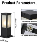 Rock Solid 15.75 Inch Outdoor Bollard Path Lights With Knockout Aluminum Frame And Frosted Glass Shade, dimensions and details shown.