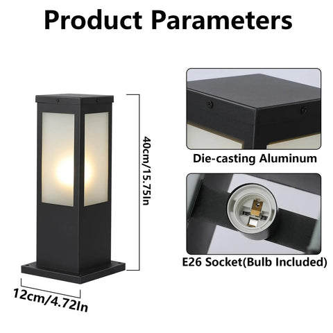 Rock Solid 15.75 Inch Outdoor Bollard Path Lights With Knockout Aluminum Frame And Frosted Glass Shade, dimensions and details shown.
