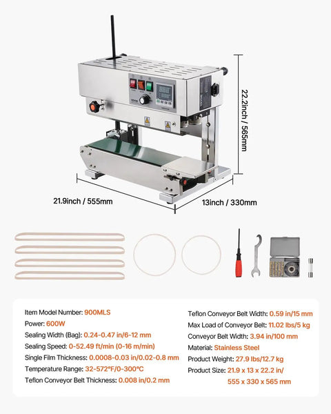 Heavy Duty Continuous Bag Band Sealer Machine With Digital Temp Control and Tough As Nails Stainless Steel Build for quick plastic film wrapping.
