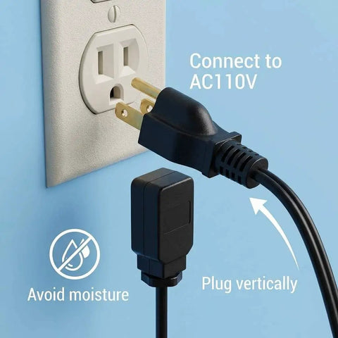 Power cord plugged into AC110V outlet, showing connection and moisture warning for Automatic Timed Condensate Drain Valve Programmable Electric Air Drain.