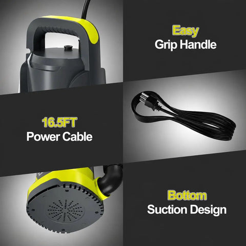 Rock Solid Heavy Duty Workhorse 1HP Submersible Sump Pump with 16.5FT power cable, easy grip handle, and bottom suction design.