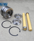 Front view of Win-Win waterjet piston assembly spare parts laid out: two yellow rods, metal discs and rings (010561-1)