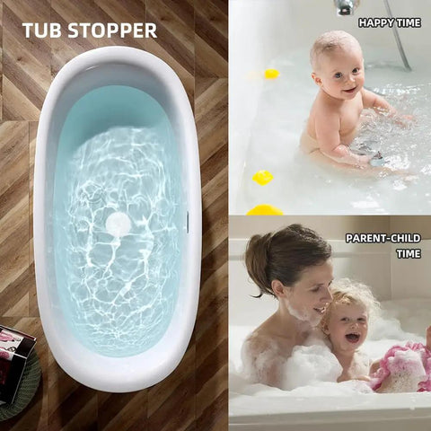 Six Inch Tub Stopper Two Pack Bpa Free Soft Silicone Drain Plug For Bathtub Bathroom Sink Shower Hair Water Blocker, in white, with happy family bath time.
