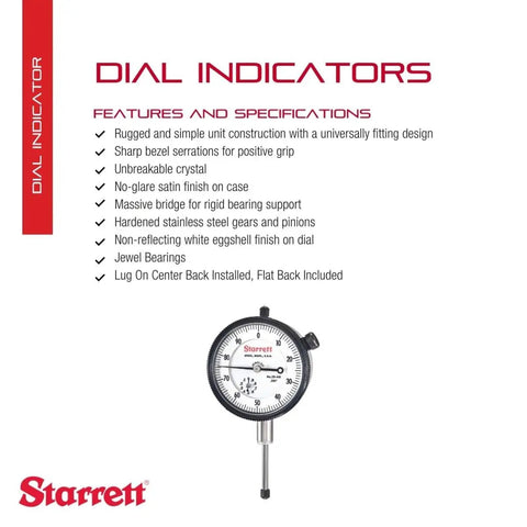 25 Series Dial Indicator With Jewel Bearings And Lug-On-Center Back, White Face, 0 To 1 Inch Range, 0 To 100 Dial Reading, 0.001 Inch Graduation, Rugged Shop-Ready Pro Grade Precision Tool For Metalworking And Fabrication