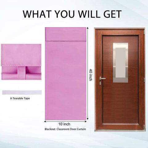 Light Blocking Classroom Curtains 10W X 40H Blackout Roller Blinds For Windows And Door Panels in pink with tearable tape, shown with door panel.