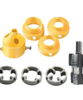 Electric Drill PVC Pipe Threader Kit With Internal And External Threading For One Half Inch Three Quarter Inch And One Inch NPT Pipes Works With Any Drill For Quick Easy Pipe Threading On The Job, showing threading heads and dies.