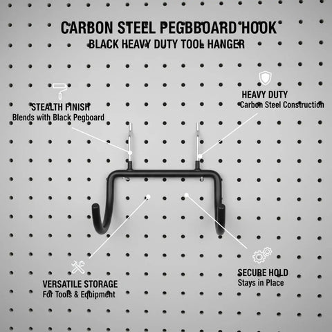 Heavy Duty Carbon Steel Pegboard Hooks For Garage Organization And Workshop Setup, matte black tool hanger on perforated board