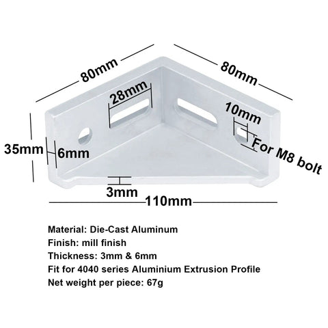 10 Pack 4040 T Slot Aluminum Corner Brackets Hella Rugged 90 Degree Gusset Fittings dimensions and specifications image.