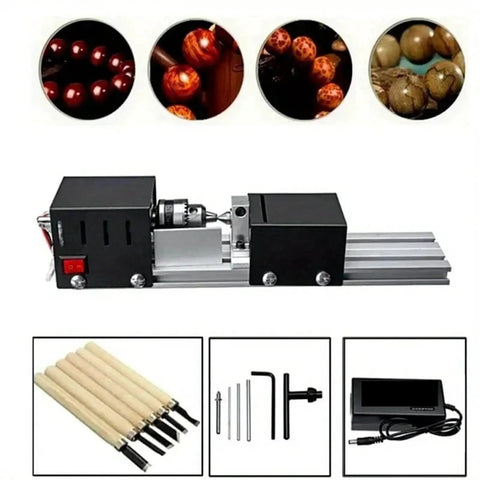 Compact Mini Lathe Machine For Metal Turning And Woodworking with tools and wood beads for crafting and detail work.