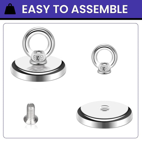 MIKEDE six-pack neodymium fishing magnets with eyebolt, 32 mm diameter, chrome finish, base plate visible