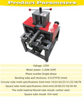 Heavy Duty 220V Single-Phase Electric Pipe Bender With Seven Die Sets For Round And Square Tubing, showing product parameters and specifications.