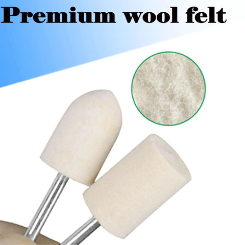 Pro Grade 24 Piece Wool Felt Polishing Bits Kit For Rotary Tools With Three Thirty Second Inch Shank, close-up of cone and cylinder bits
