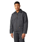 Classic Mens Lined Eisenhower Jacket Heavy Duty Workwear Rugged Poly Cotton Twill Wrinkle Resistant Charcoal Plus Size 3X model standing.