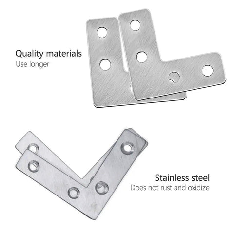 5 To 12 Pieces Stainless Steel L Shaped Corner Brace Set With Flat Plate Brackets And Screws For Easy Right Angle Repairs, shown overlapping