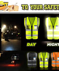 Top Shelf High Visibility Reflective Safety Vest With Heavy Duty Zipper And Deep Storage Pockets Custom Business Logo showcased in day and night.