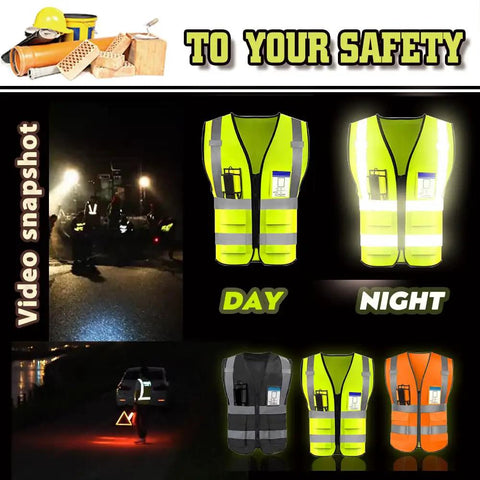 Top Shelf High Visibility Reflective Safety Vest With Heavy Duty Zipper And Deep Storage Pockets Custom Business Logo showcased in day and night.