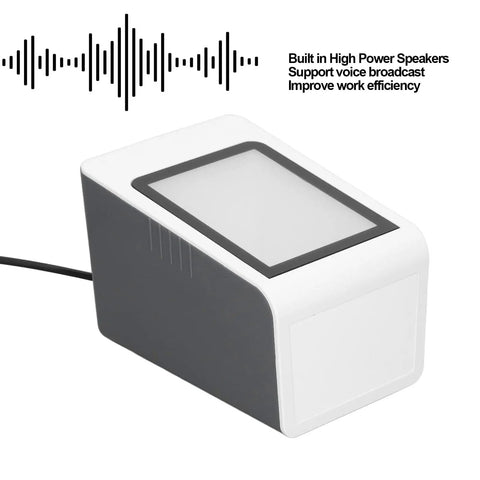 Desktop Barcode Scanner With Fast Identification White USB Wired QR Code Reader with voice prompt icons visible