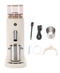 Top Shelf Electric Burr Coffee Grinder With 60 Precision Settings And 80G Single Dose Hopper Kicking Out Smooth Grinds For Espresso Drip French Press Or Cold Brew Brewing With Anti Static Design For Zero Hassle, showing unit and accessories.