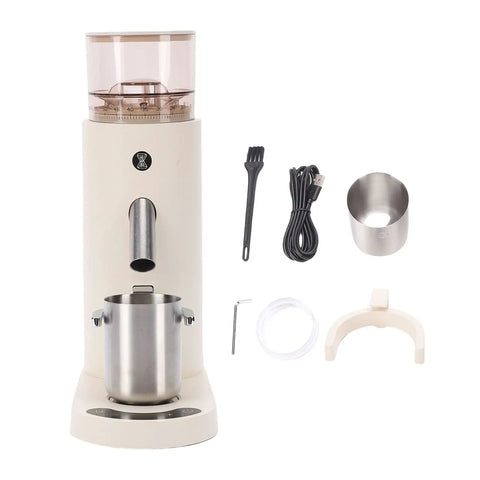 Top Shelf Electric Burr Coffee Grinder With 60 Precision Settings And 80G Single Dose Hopper Kicking Out Smooth Grinds For Espresso Drip French Press Or Cold Brew Brewing With Anti Static Design For Zero Hassle, showing unit and accessories.