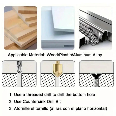 6 Piece Countersink Drill Bit Set With One Quarter Hex Shank 82 Degree Five Flute Center Punch For Metal Wood Plastic