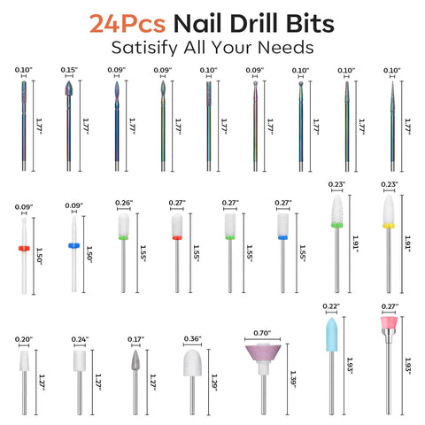 24 Piece Nail Drill Bit Set for Acrylic Gel Nails Pro Grade Kit with Ceramic and Diamond Carbide Bits shown in various sizes.