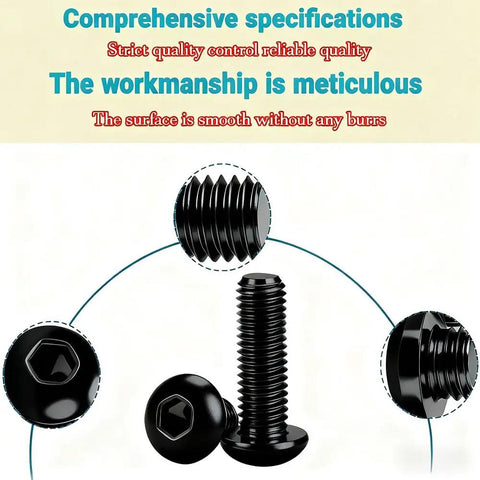 Close-up view of 20 Pack 5/16-18x3/4 Button Head Socket Cap Screws Set In 304 Stainless Steel With Black Oxide Finish Full Thread
