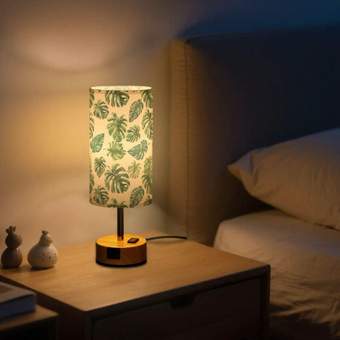 Palm Leaves Watercolor Bedside Table Lamp With 3-Way Dimming And Touch Control, Built-In Charging Station on nightstand