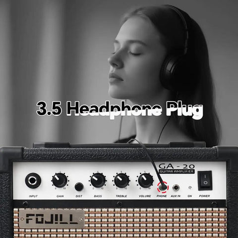 Person using Portable 20W Electric Guitar Amp With Built In 5 Inch Speaker, connected via 3.5mm headphone jack for silent practice.
