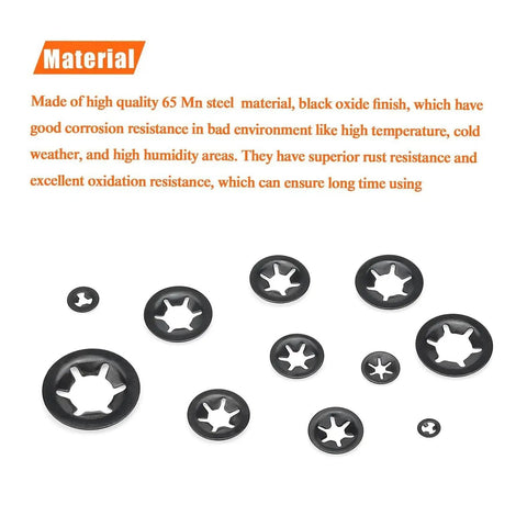 460 Piece Internal Tooth Star Lock Washer Assortment With 9 Sizes Spring Steel anti-loosening washers in black oxide finish.