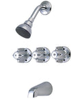 Three Handle Tub And Shower Set In Chrome With Canopy Handles Including Shower Head Arm And Flange One Half Inch IP Union Inlets Replaceable Seats And Durable Brass Build For Easy Install And Lasting Shine showing full fixture
