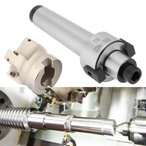 Front view of MT3 face end mill holder and cutter, silver metal, carbide inserts, for heavy CNC milling