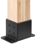 2 Pack 6x6 Post Bases 8 Gauge Heavy Duty Concrete Post Anchor Brackets For Deck Porch Railing Mailbox And Pergola Supports Fits Half Inch Bolt Anchors Black Powder Coated Finish showing a wooden post in a black bracket, with visible bolt holes and anchor points.