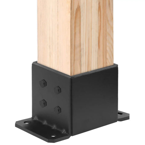 2 Pack 6x6 Post Bases 8 Gauge Heavy Duty Concrete Post Anchor Brackets For Deck Porch Railing Mailbox And Pergola Supports Fits Half Inch Bolt Anchors Black Powder Coated Finish showing a wooden post in a black bracket, with visible bolt holes and anchor points.