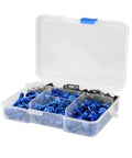Aluminum Motorcycle Fairing Screw Kit with 177 Pieces M5 and M6 Bolts and M6 Washer Set in blue, organized in a plastic case