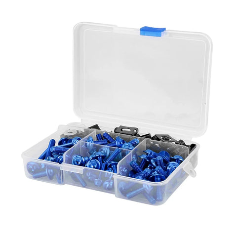 Aluminum Motorcycle Fairing Screw Kit With 177 Pieces M5 And M6 Bolts And M6 Washer Set Universal For Sportbikes displayed in plastic case