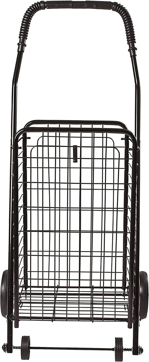 Black folding shopping cart with wheels for grocery and laundry, lightweight yet durable trolley holds up to 90 lbs