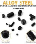 Various sizes of 200 Piece Grub Screw Kit M3 M4 M5 M6 M8 Metric Hex Socket Head Cap Screws With Wrenches Durable Alloy Steel Cup Point Hex Drive Assortment Set For Your Home Shop DIY Projects on display
