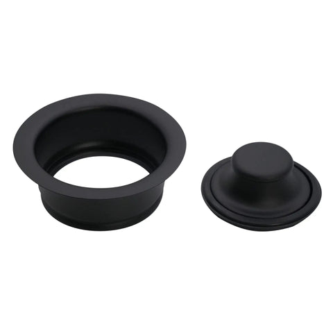 Post Style Kitchen Basket Strainer With Waste Disposal Flange And Stopper In Matte Black, shown separate, for 3.5 inch openings.