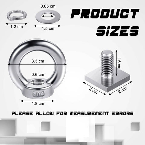 Product size details of Six Piece M8 T Slot Bolt Kit With Heavy Duty Eye Bolts And T Track Mount Anchors, 304 Stainless Steel