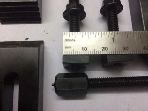 Rock-Solid 24 Piece M6 Clamp Kit with ruler showing measurements, epoxy black finish, rust resistant, 3 to 4 inch range.