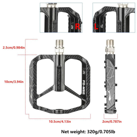 Nine Sixteenth Inch MTB Bike Pedals With Sealed Bearings, Aluminum Alloy Flat Pedals, showing dimensions and left/right marks