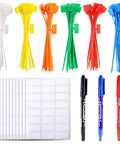 Nylon Cable Marker Ties Set For DIY Pros with 6 color options, 3 pens, 288 labels, 6-inch self-locking ties, UV safe.