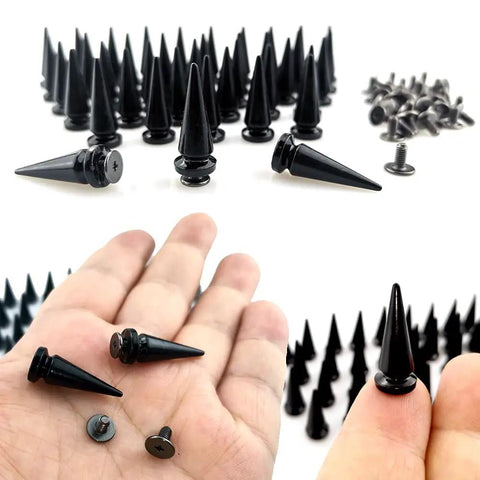 40 Pair Kickass Black Cone Spikes Punk Rivets Hardware Kit With Matching Screws And Heavy Duty Metal Bullet Studs displayed on hand.