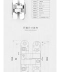 Hidden Hinge 180 Degree Adjustable Invisible Hinge For Wooden Doors 35 to 45mm Thick Silver Finish with measurements