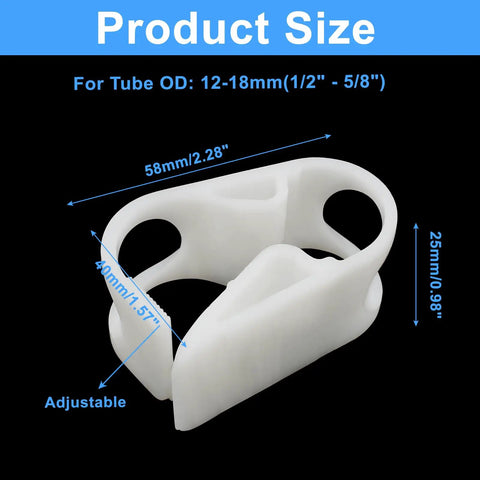 Adjustable 1/2 To 5/8 Inch Plastic Tubing Clamps showing dimensions, made from premium POM plastic, lab style pinch valve look.