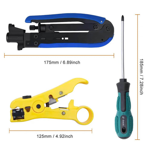 Coaxial Cable Crimping Kit With 20 F Compression Connectors Adjustable For RG6 RG59 RG11 RG58 RG7 featuring tools and sizes